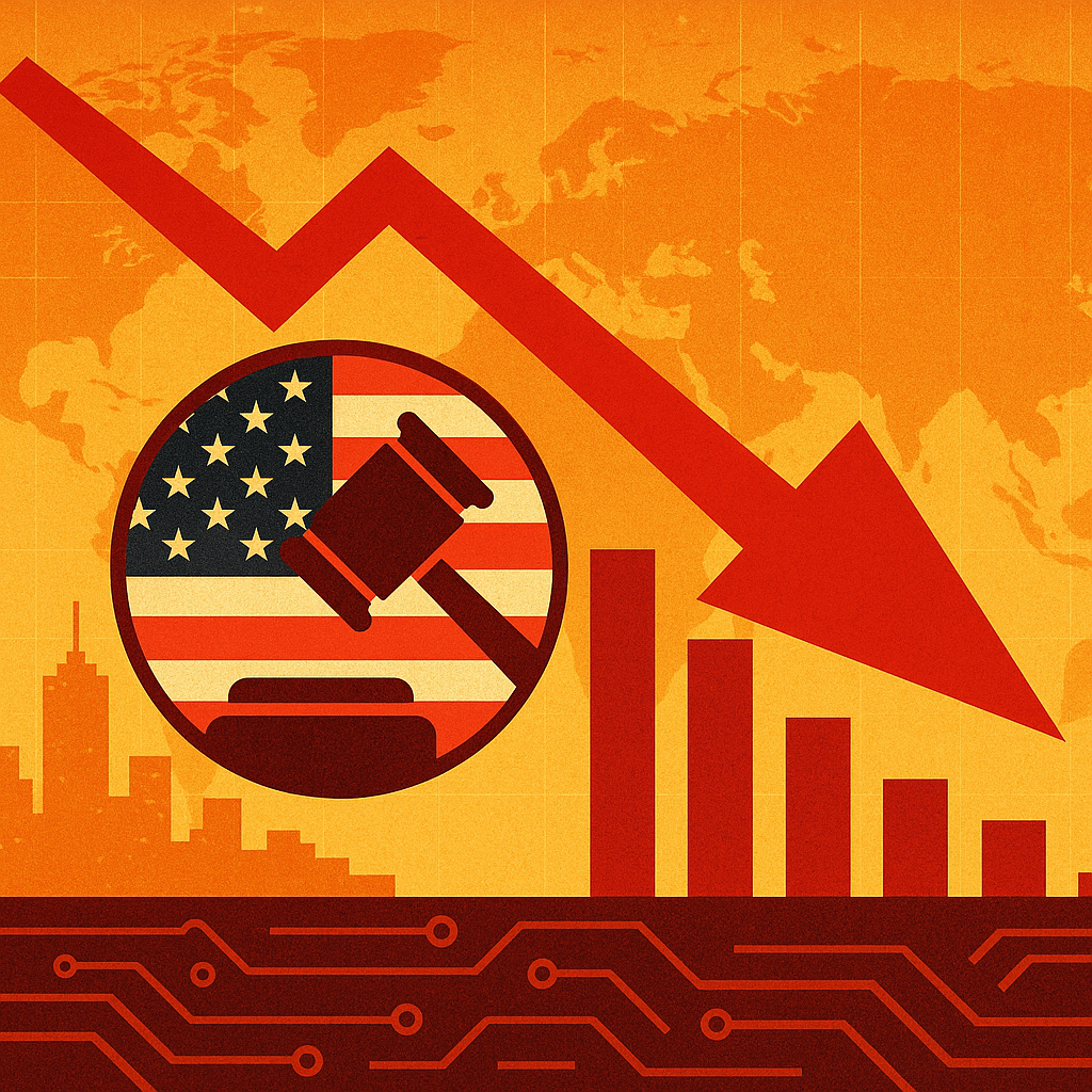 An abstract digital illustration symbolizing trade tensions, featuring a cracked globe, shipping containers, and fluctuating market graphs under a stormy sky.