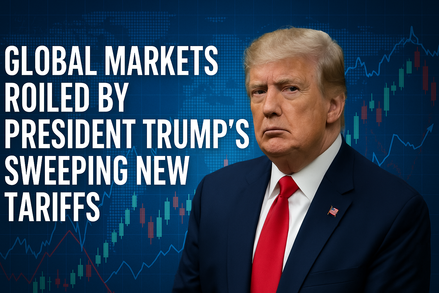 A digital composite of former President Donald Trump with a backdrop of financial market graphs and numbers, illustrating market volatility.