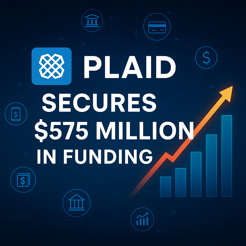 A digital illustration announcing Plaid’s $575 million funding milestone, featuring financial technology elements and a growth trend chart.