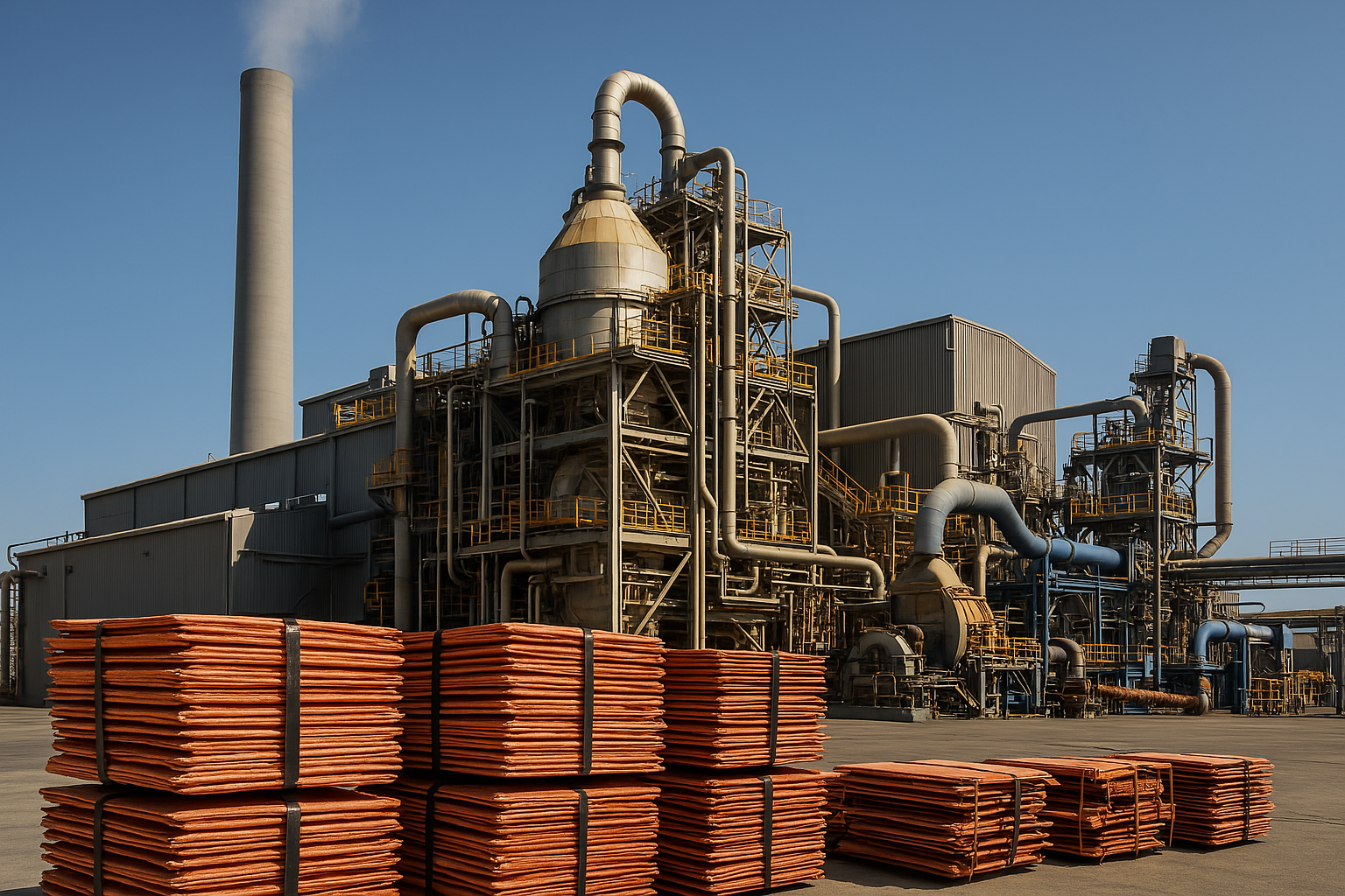 A high-resolution image of a copper smelting and refining facility with stacked copper cathodes, industrial structures, and a smokestack against a blue sky.