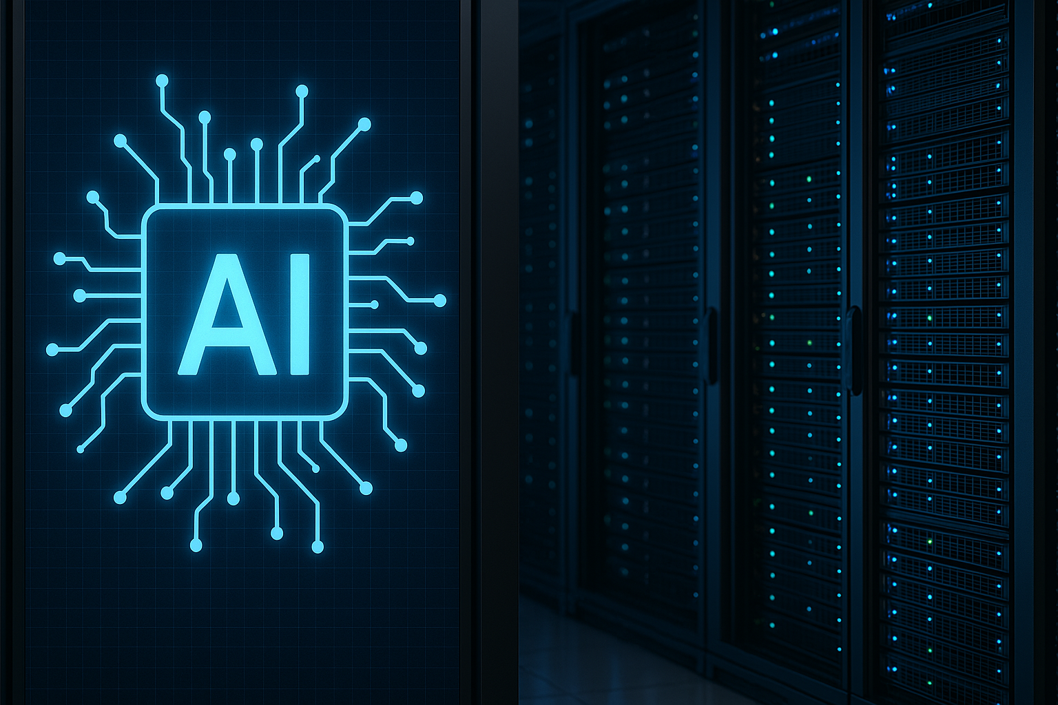 A glowing neon AI symbol hovers over a dark background, with illuminated server racks showcasing Meta’s investment in AI infrastructure.