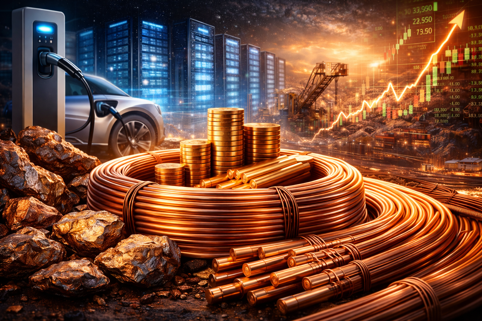 Large coils of copper wire and raw ore in the foreground with an electric vehicle charger, glowing data center racks, and a mining site in the background, symbolizing rising copper demand from electrification and AI infrastructure.
