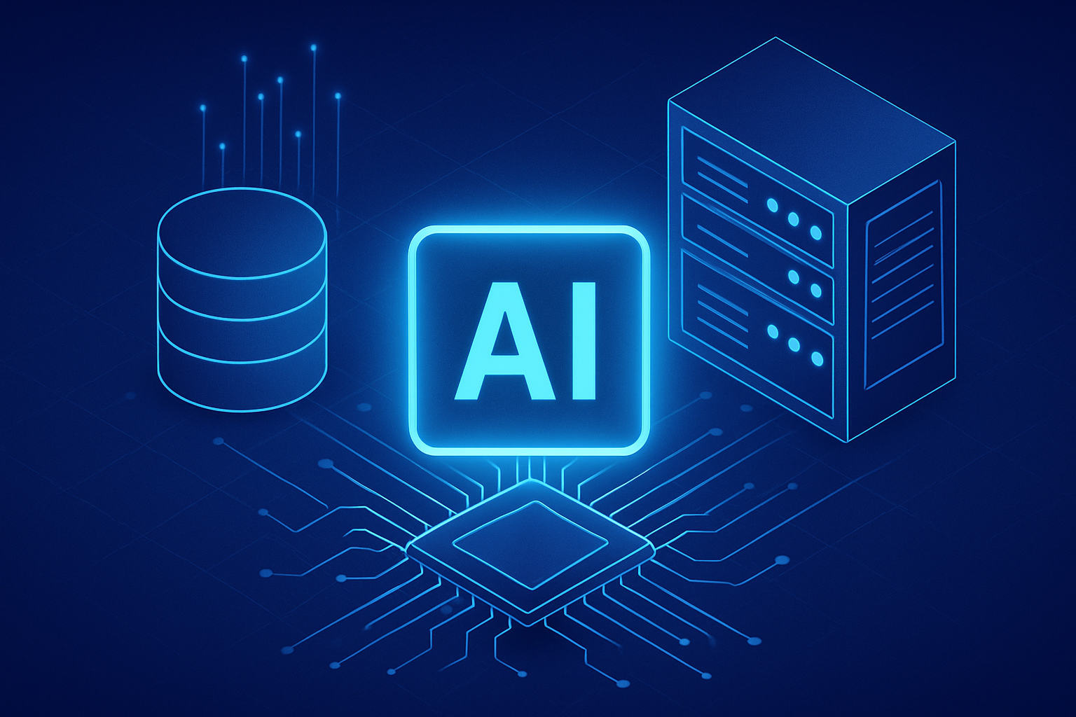 Futuristic illustration featuring AI integration with data storage and server systems connected through neon-blue circuitry.