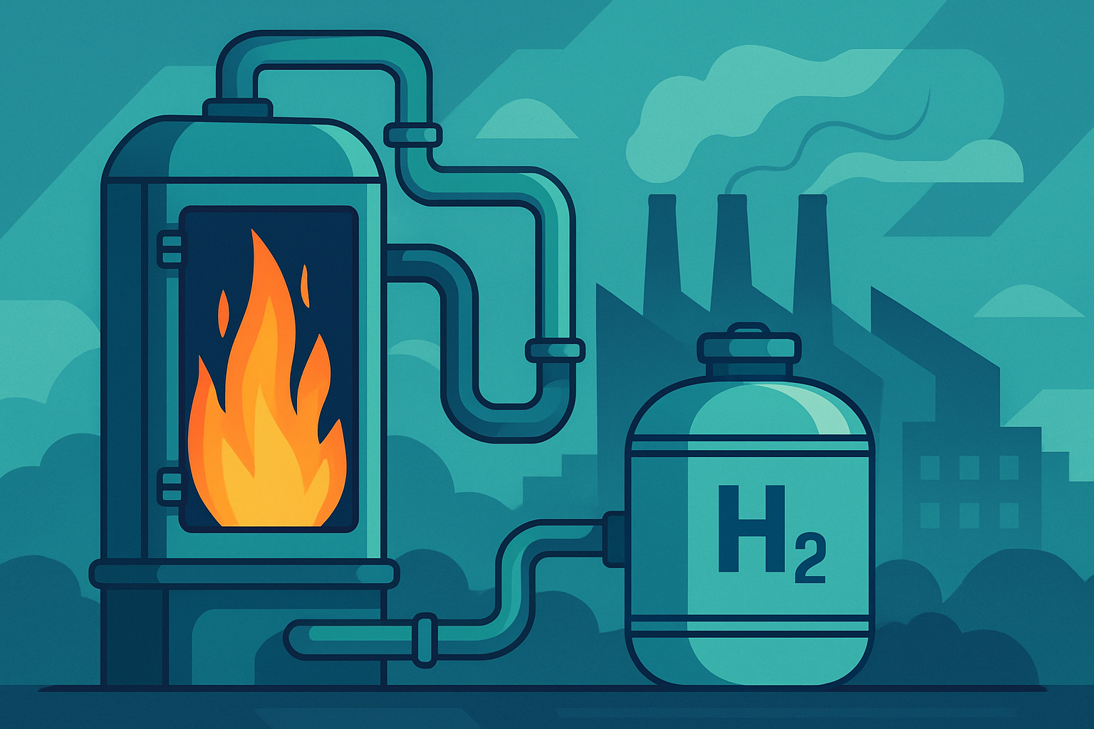 Illustration of an industrial hydrogen production system with a combustion chamber and a hydrogen storage tank labeled "H₂" in front of factory buildings.
