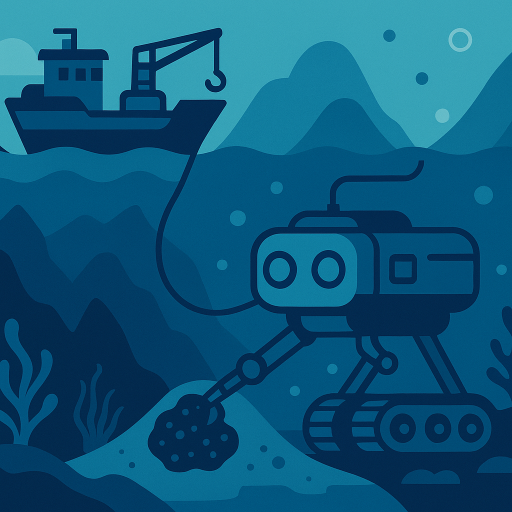 Illustrated underwater scene showing a robotic mining vehicle collecting seabed nodules, connected to a surface vessel, with stylized marine terrain and ocean life in the background.