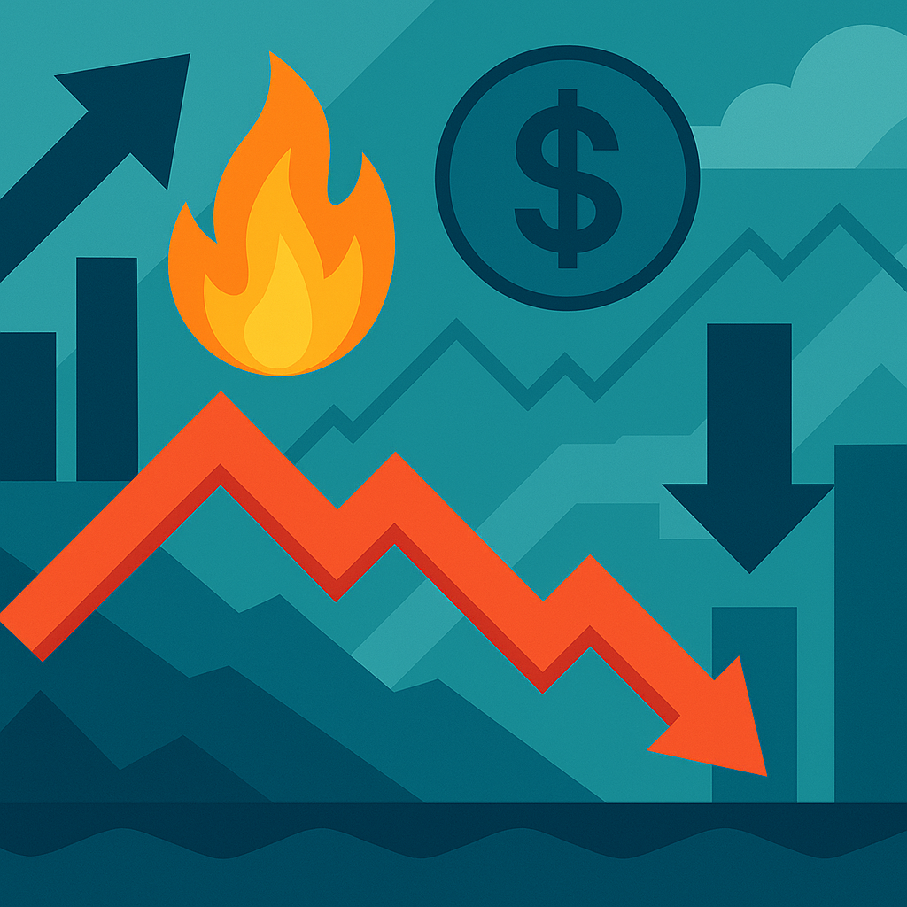 A symbolic illustration of financial market turbulence with fluctuating stock graphs, dollar signs, and a looming Federal Reserve building under cloudy skies.