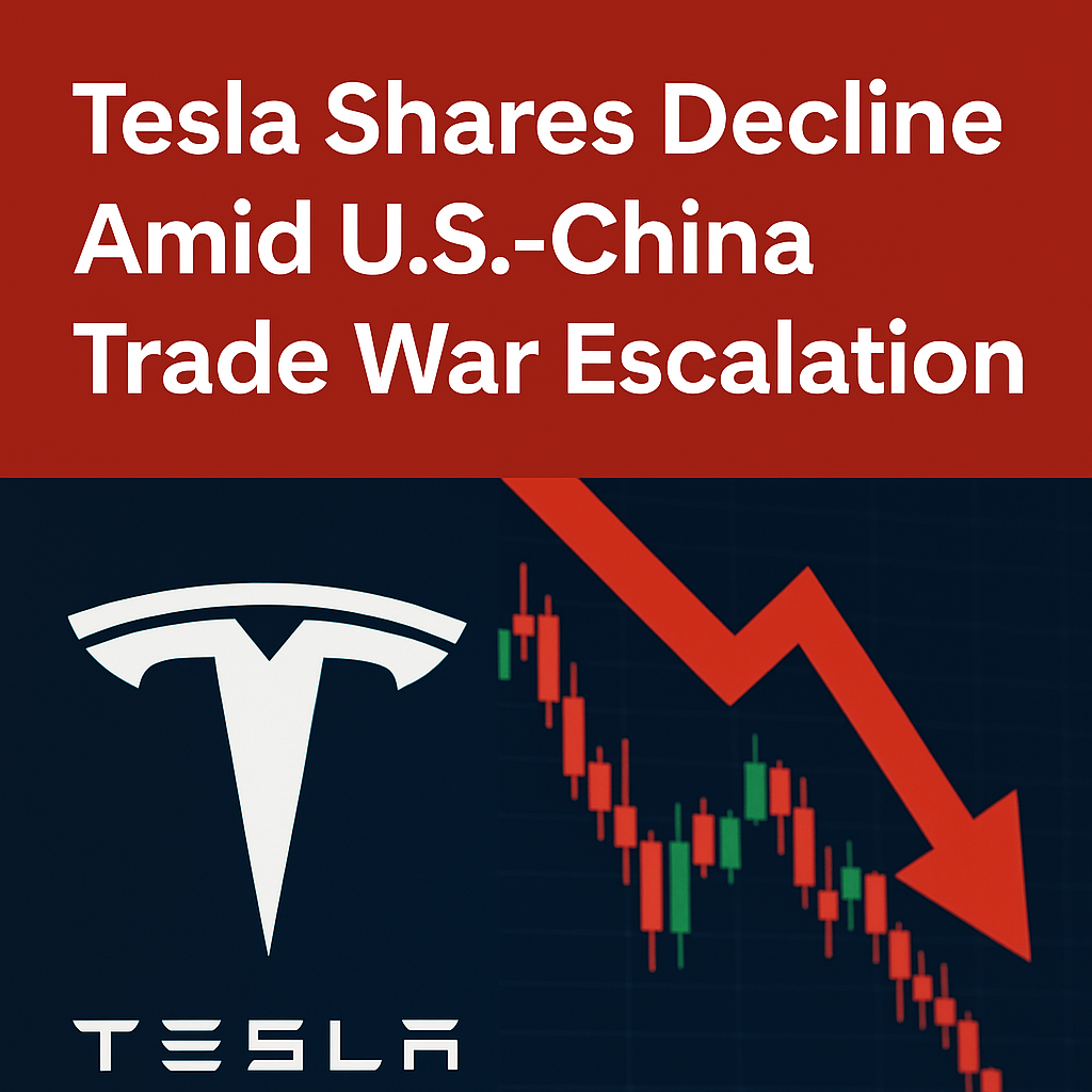 A digital news graphic showing the headline "Tesla Shares Decline Amid U.S.-China Trade War Escalation" with a red downward arrow, Tesla logo, and stock market chart in the background.