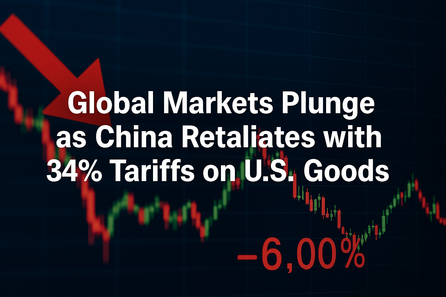 A digital news graphic featuring the headline "GLOBAL MARKETS PLUNGE AS CHINA RETALIATES WITH 34% TARIFFS ON U.S. GOODS," a red downward arrow, and financial data showing a sharp market decline.