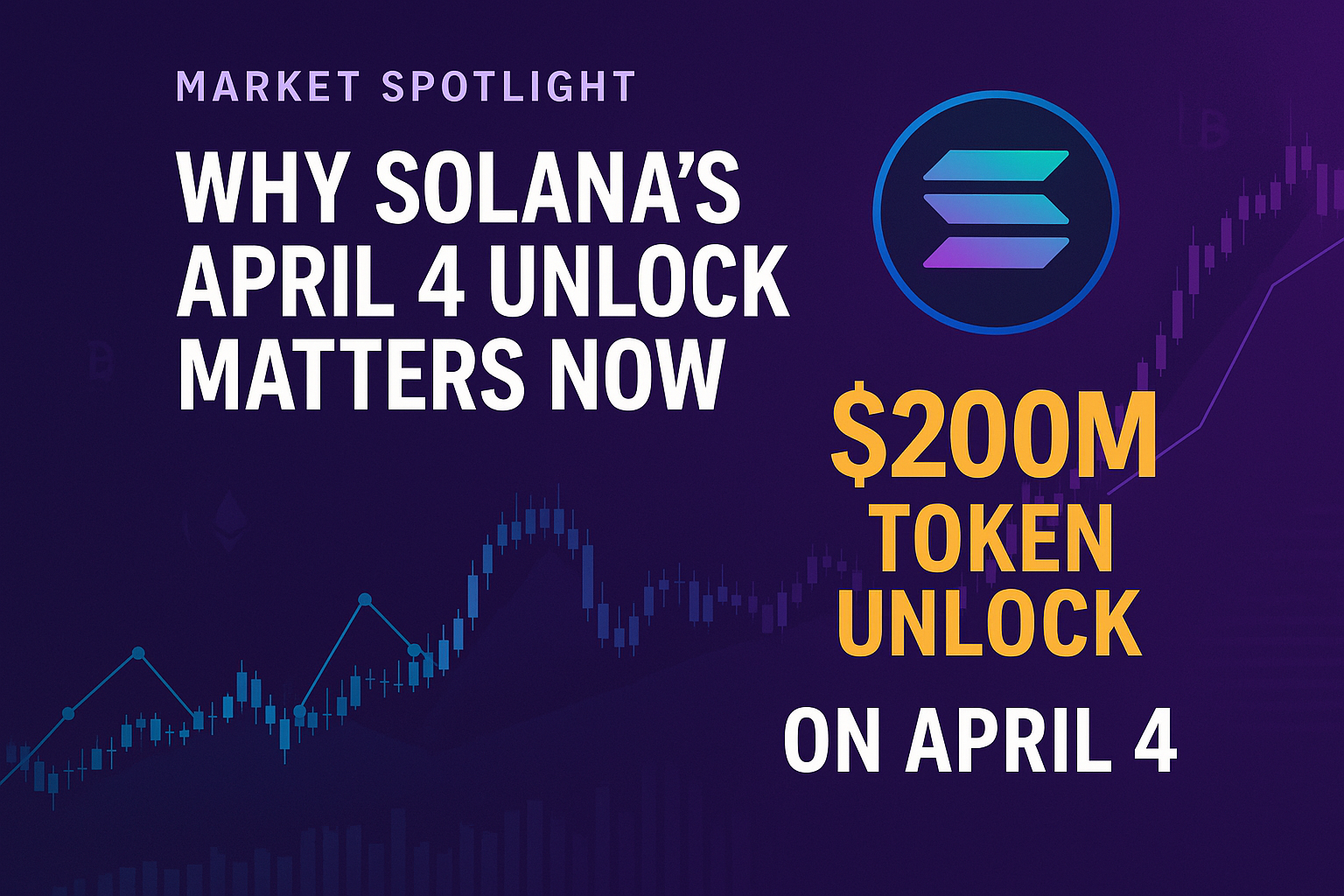 A digital news graphic highlighting Solana's $200M token unlock event on April 4, featuring the Solana logo, financial charts, and a bold headline on a purple background.