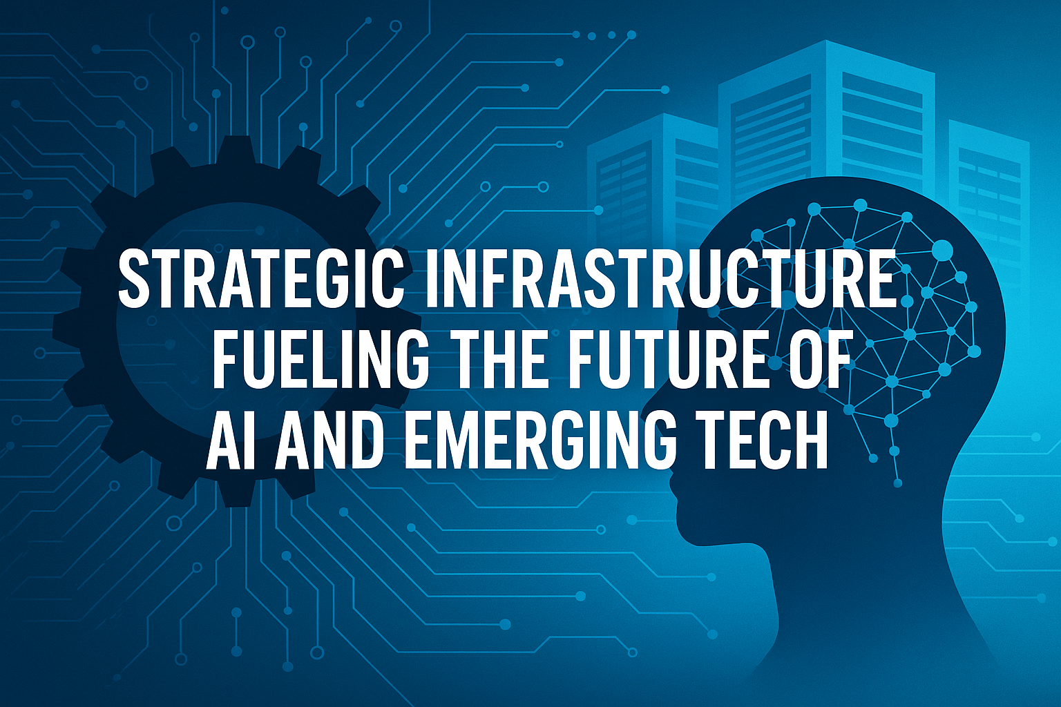 A futuristic digital graphic featuring a data center, AI neural network, and glowing circuits, representing the growth of AI-driven infrastructure.