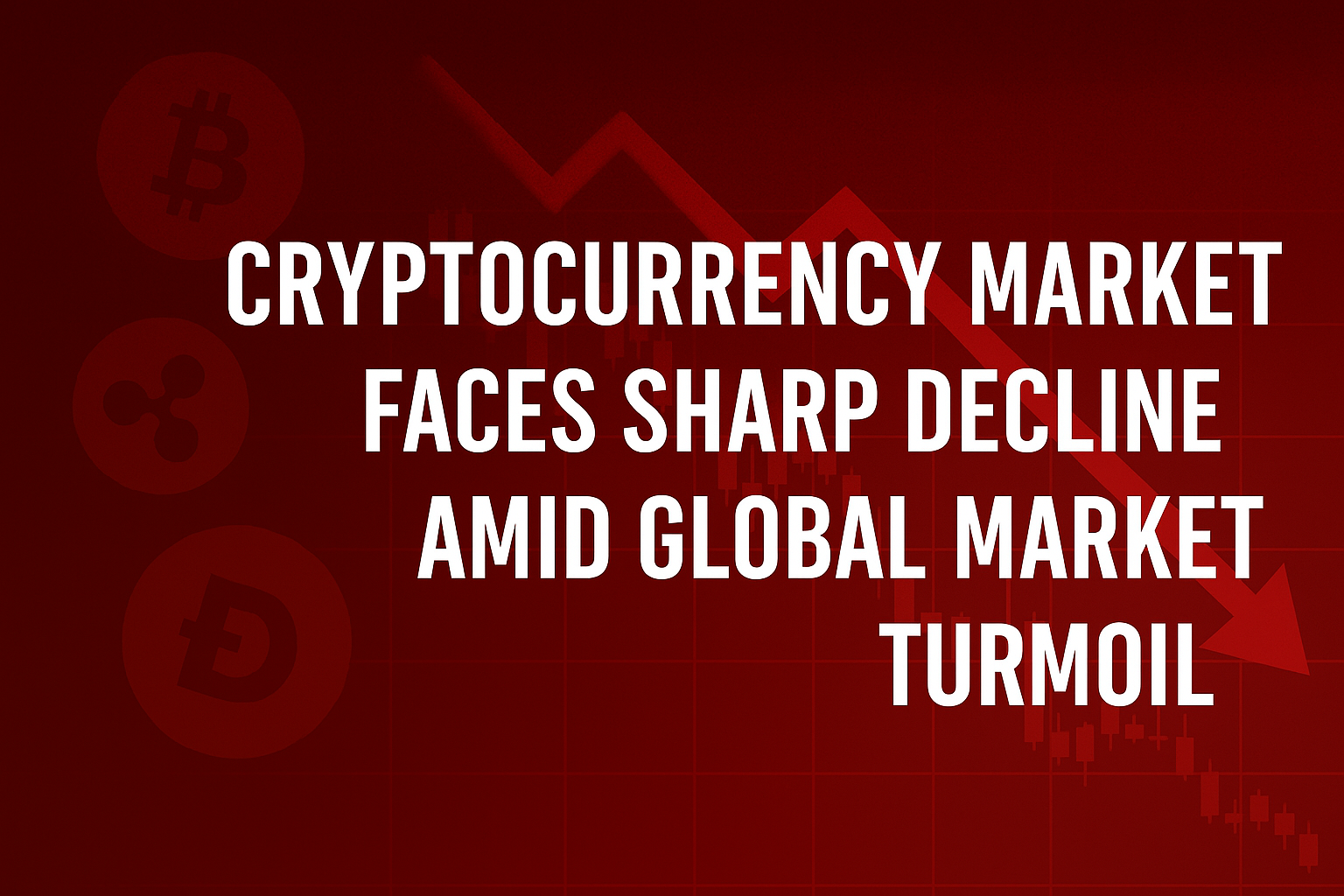 Digital graphic with Bitcoin, Ripple, and Dogecoin symbols and a red market chart indicating decline