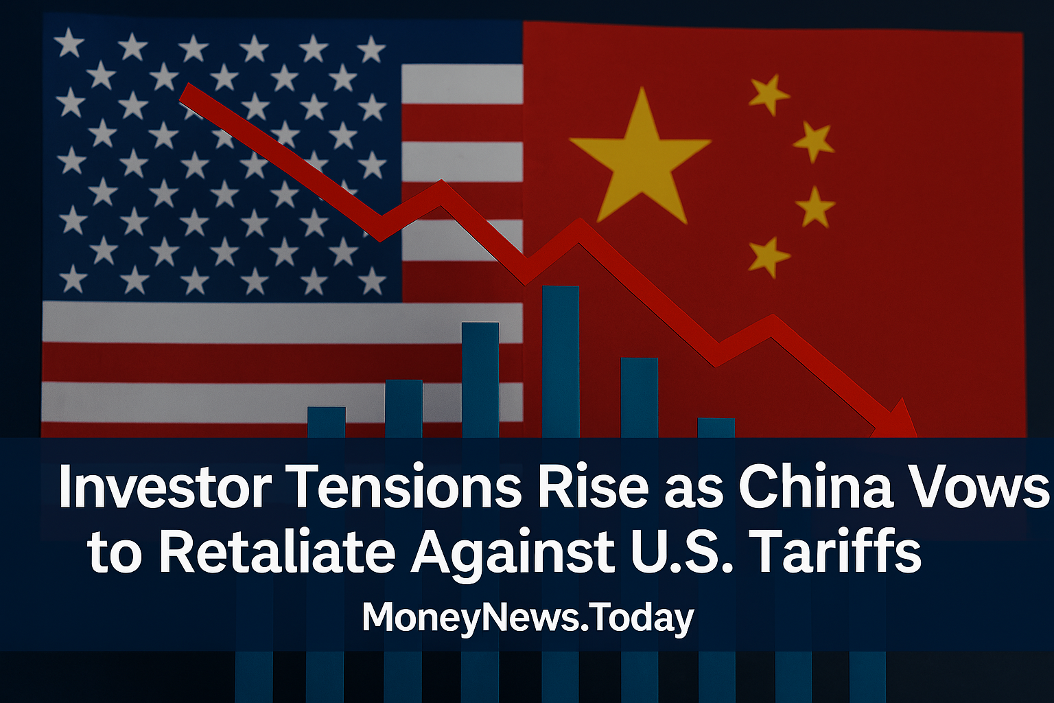 News graphic showing the U.S. and China flags with a red downward graph line and headline “Investor Tensions Rise as China Vows to Retaliate Against U.S. Tariffs”