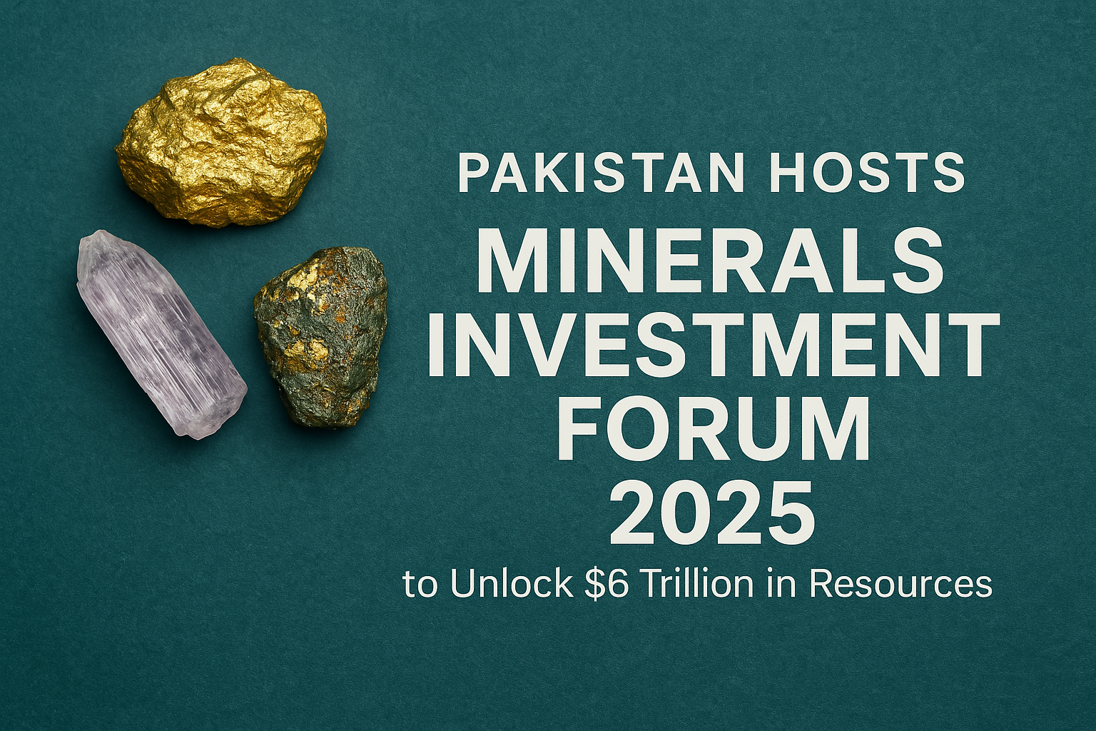 Digital promotional image for the Pakistan Minerals Investment Forum 2025, featuring gold, spodumene, and chalcopyrite minerals on a teal stone-textured background.