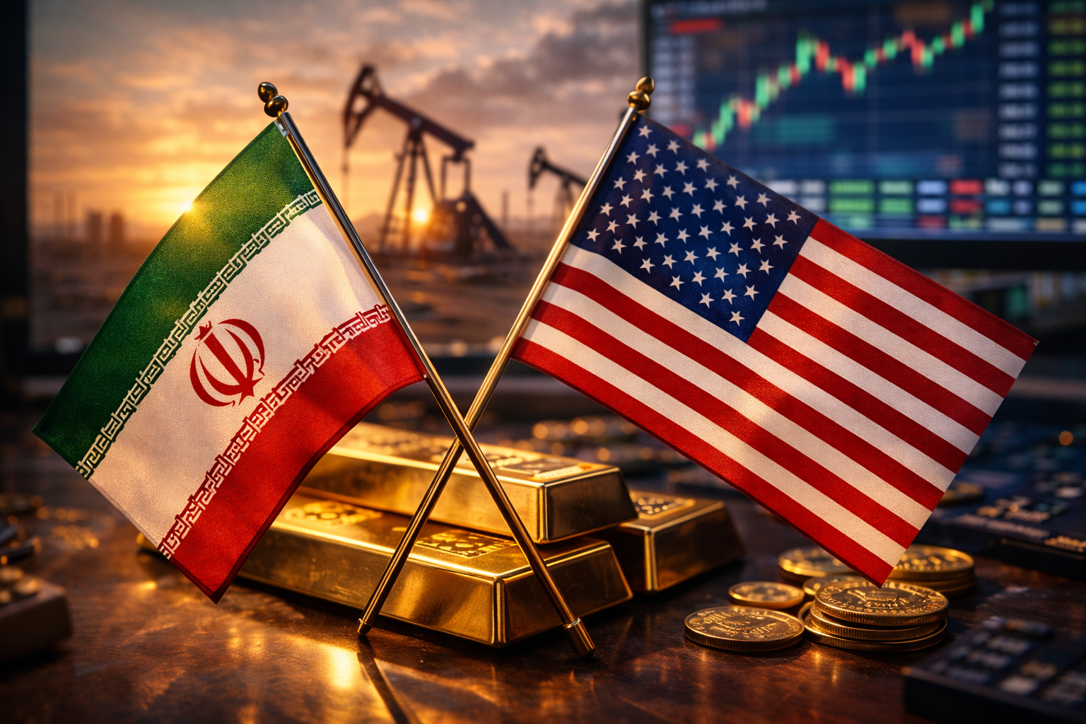 U.S. and Iranian flags stand crossed in front of oil pump jacks, gold bars, and blurred market charts, symbolizing easing tensions and the market response.