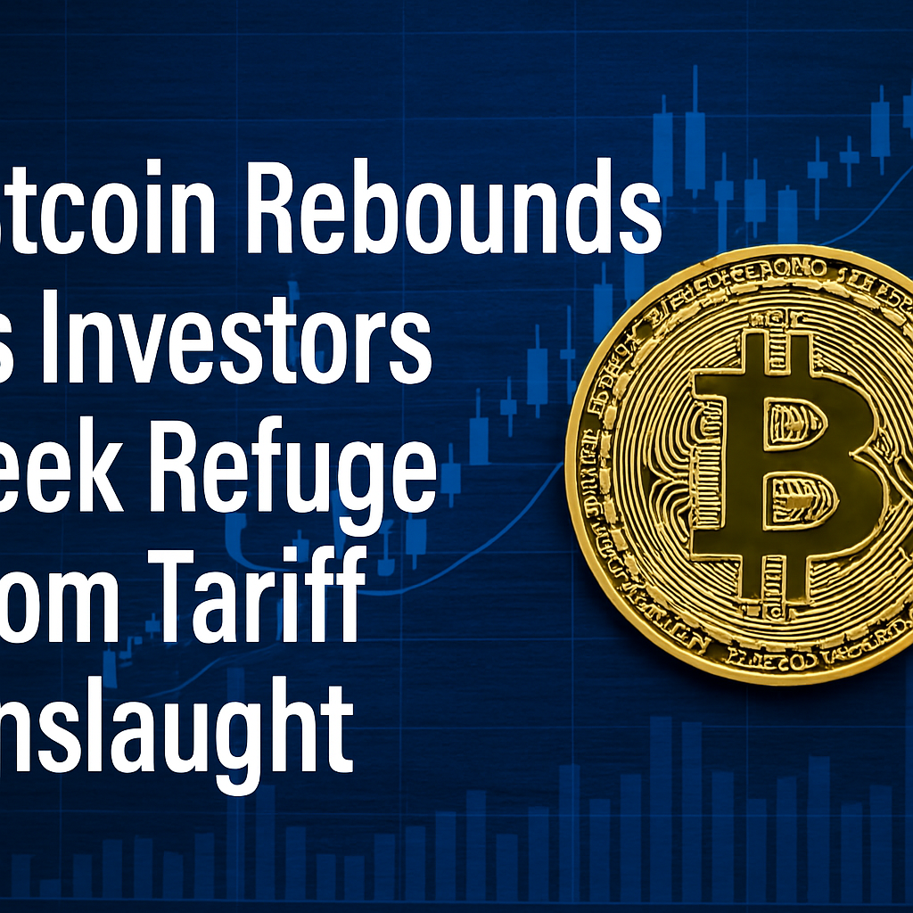 Bitcoin symbol in gold rising against a digital background of financial charts and the headline “Bitcoin Rebounds as Investors Seek Refuge from Tariff Onslaught.”