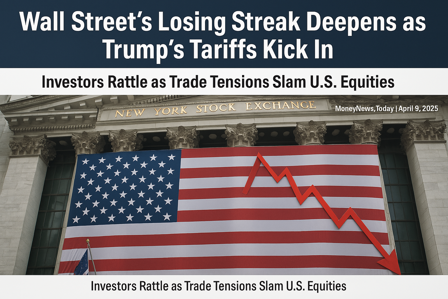 Digital illustration of the New York Stock Exchange with an American flag and a red downward stock chart, symbolizing market losses due to new U.S. tariffs on China