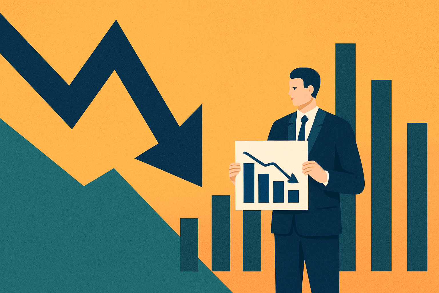Flat-style illustration of a businessman holding a downward-trending bar chart, with large downward arrows and fluctuating bars in the background, symbolizing market volatility.