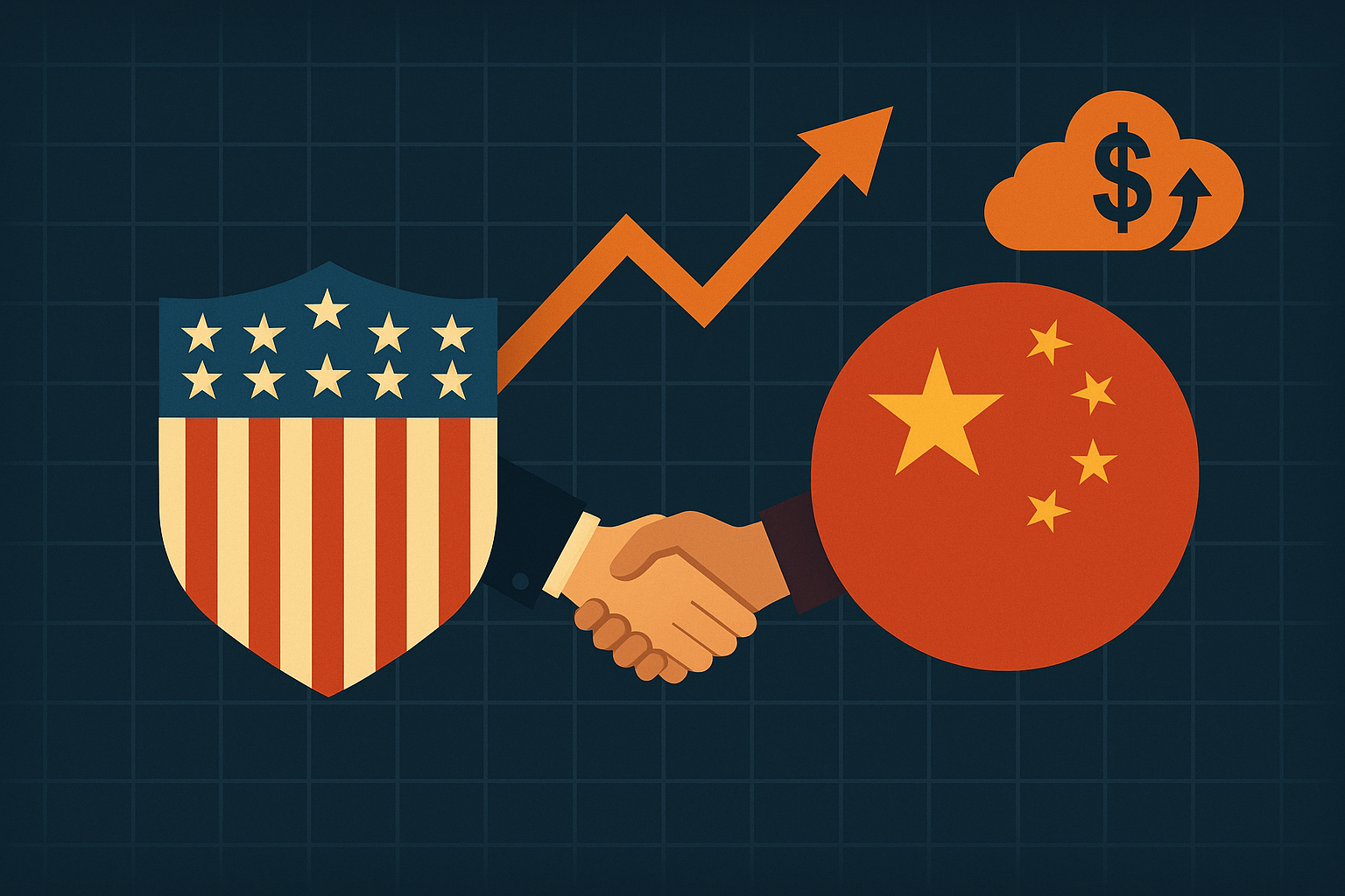 2D illustration of the U.S. and China flags connected by a handshake over a shipping port, with cargo ships and containers in the background.
