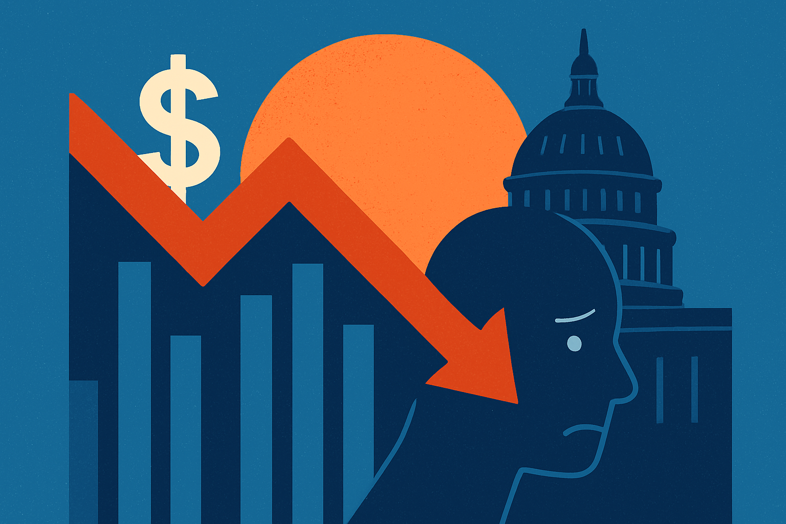 Illustration of a downward red arrow cutting through a worried human silhouette, bar charts, a dollar sign, and the U.S. Capitol dome against a blue and orange background.