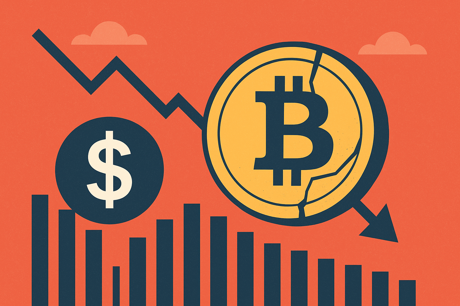 A cracked golden Bitcoin symbol with a downward-trending line graph and declining bar charts against a red background, symbolizing cryptocurrency losses.