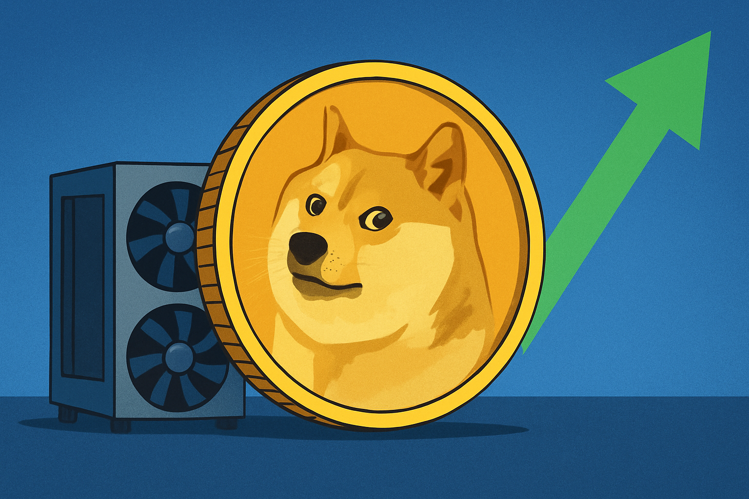 Illustration of a golden Dogecoin coin with mining rig equipment and a rising green arrow symbolizing growth.