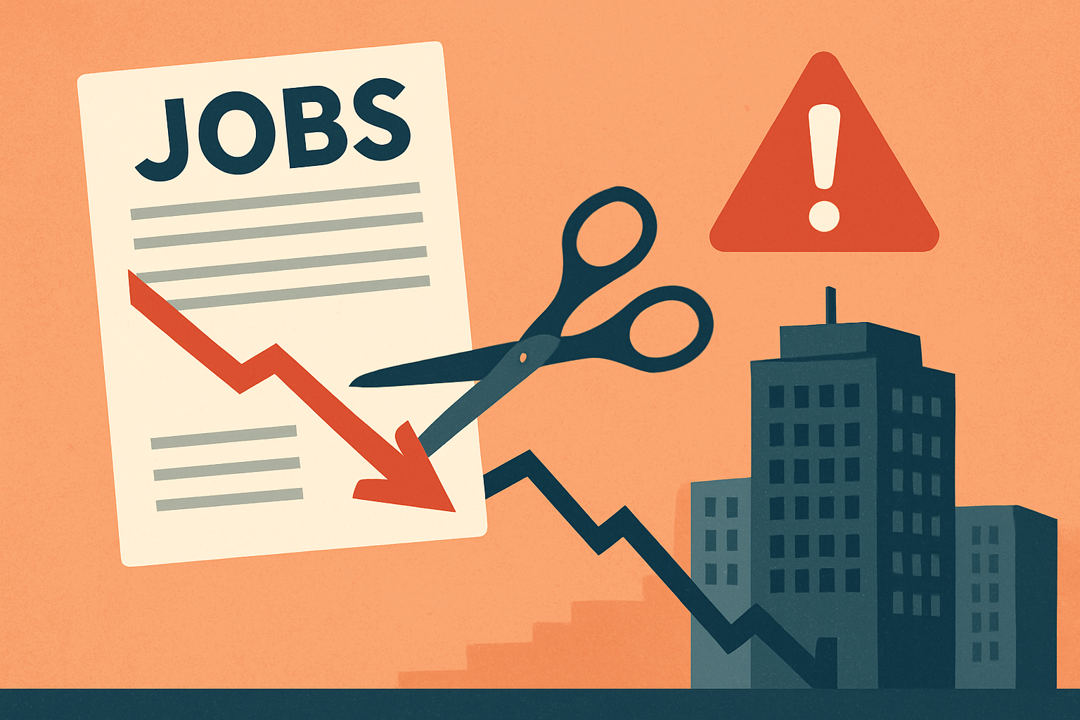 Illustration of scissors cutting through a U.S. jobs report with a downward arrow, alongside skyscrapers and a warning sign symbolizing risks to the commercial real estate market.