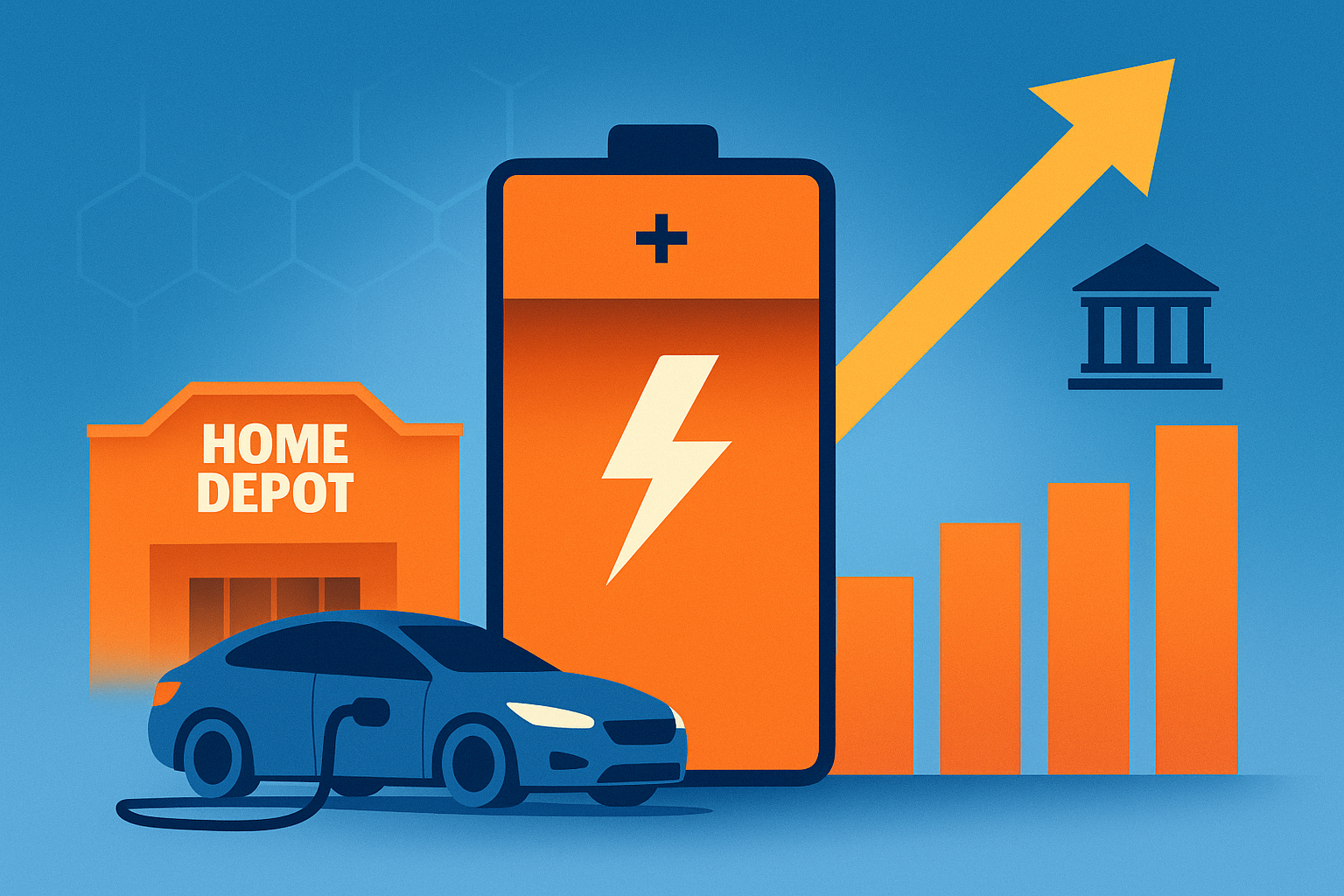 Illustration of a Home Depot store, an electric car charging, an orange battery with a lightning symbol, and an upward-trending bar chart with an arrow symbolizing market optimism.