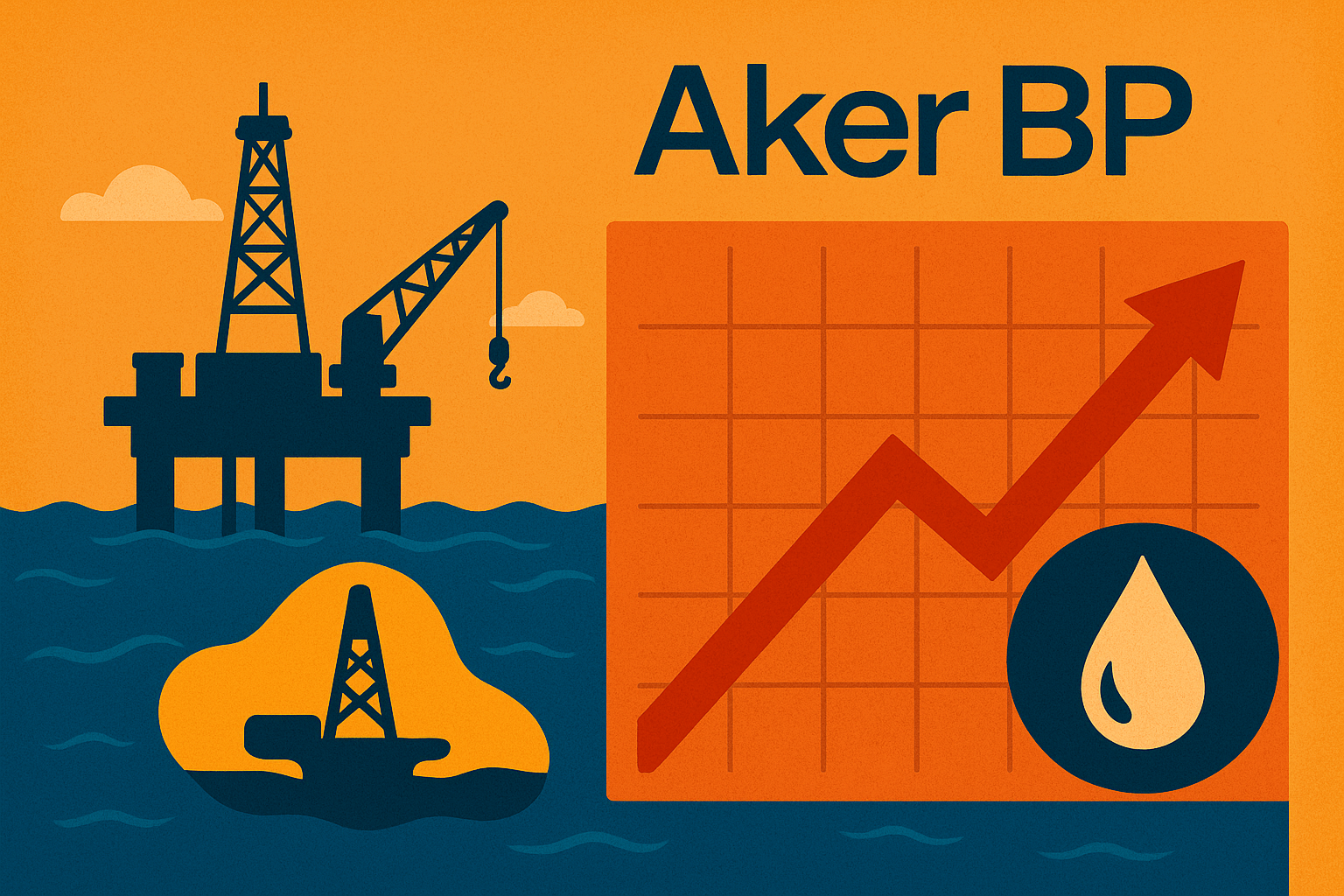 Illustrated offshore oil rig in the North Sea with a rising financial chart and oil droplet symbol.