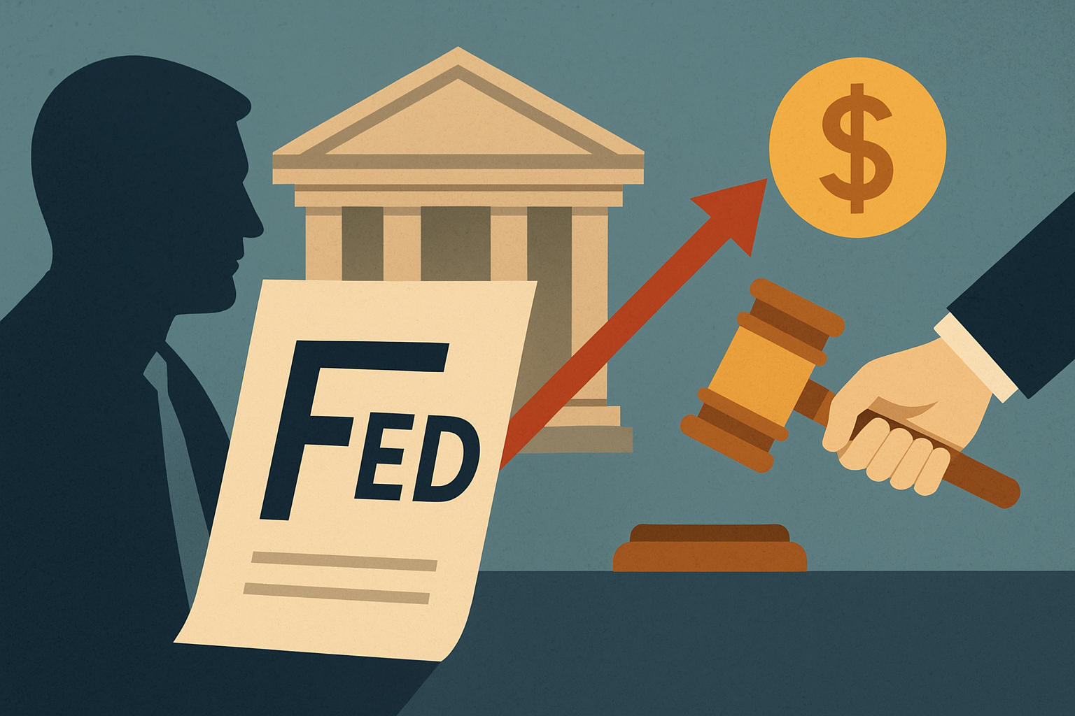 Illustration of a silhouette holding a Federal Reserve paper, a neoclassical building in the background, a gavel striking, and a rising arrow leading to a dollar sign.