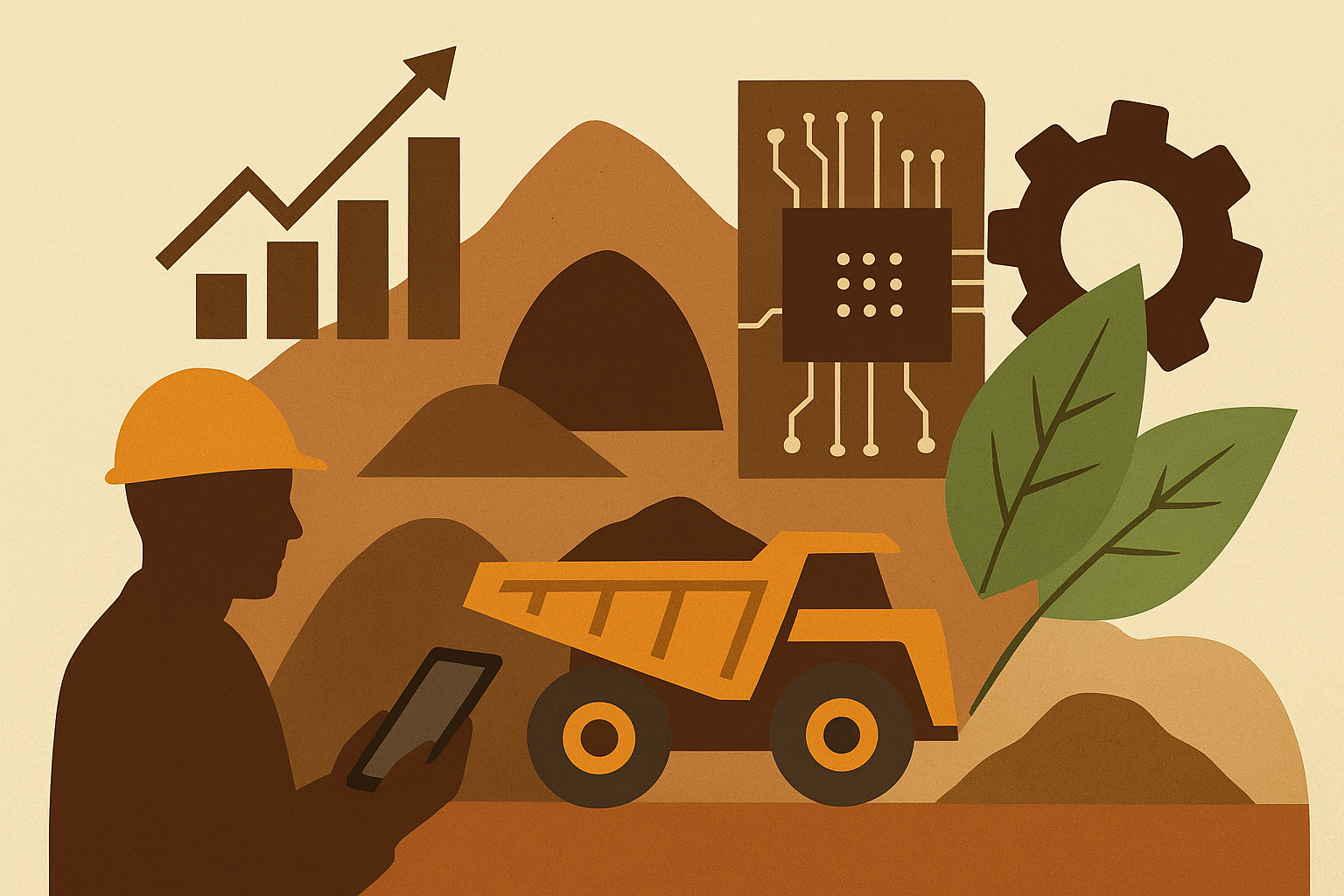 Symbolic illustration of futuristic mining operations with AI-driven machinery, copper ore, and digital twin technology elements.