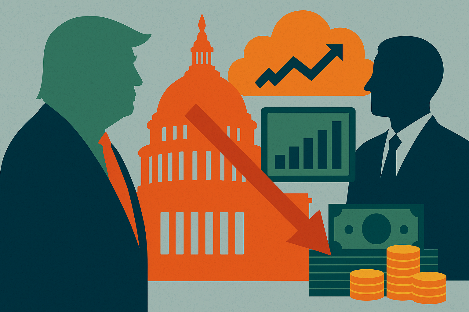 Abstract illustration showing Donald Trump, the U.S. Capitol, economic charts, and a downward arrow symbolizing political disruption to financial markets.