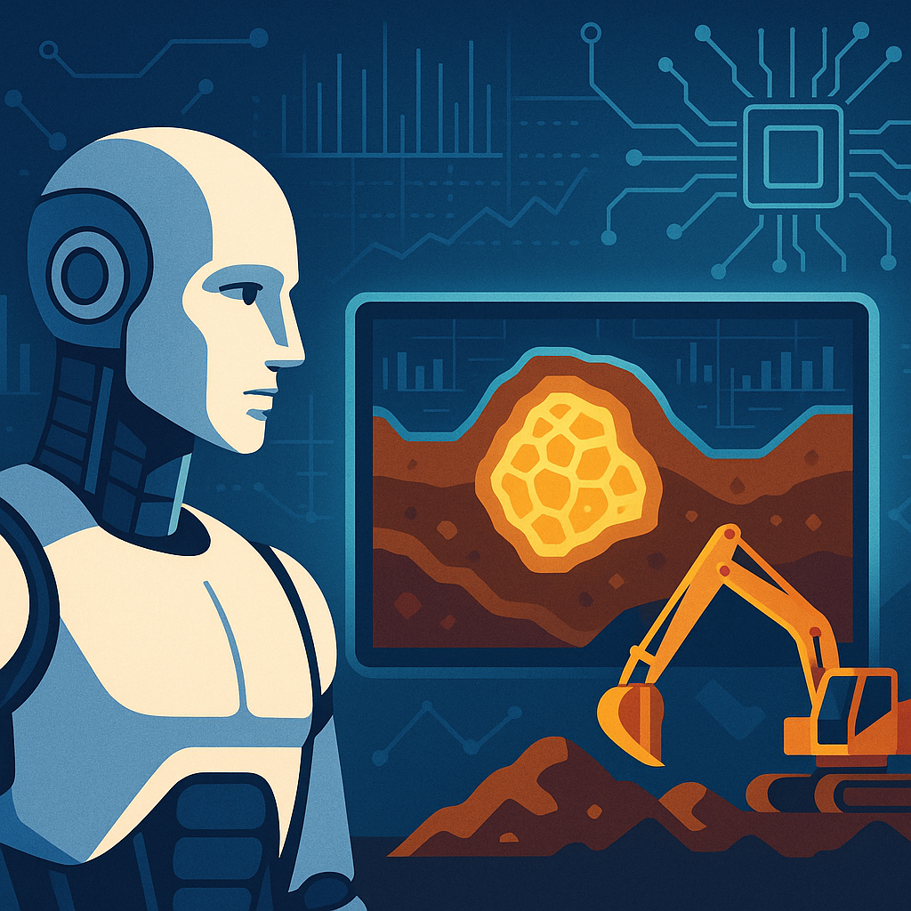 A humanoid robot analyzing geological data on a digital screen with mineral layers and an excavator in the background, symbolizing AI in mining exploration.