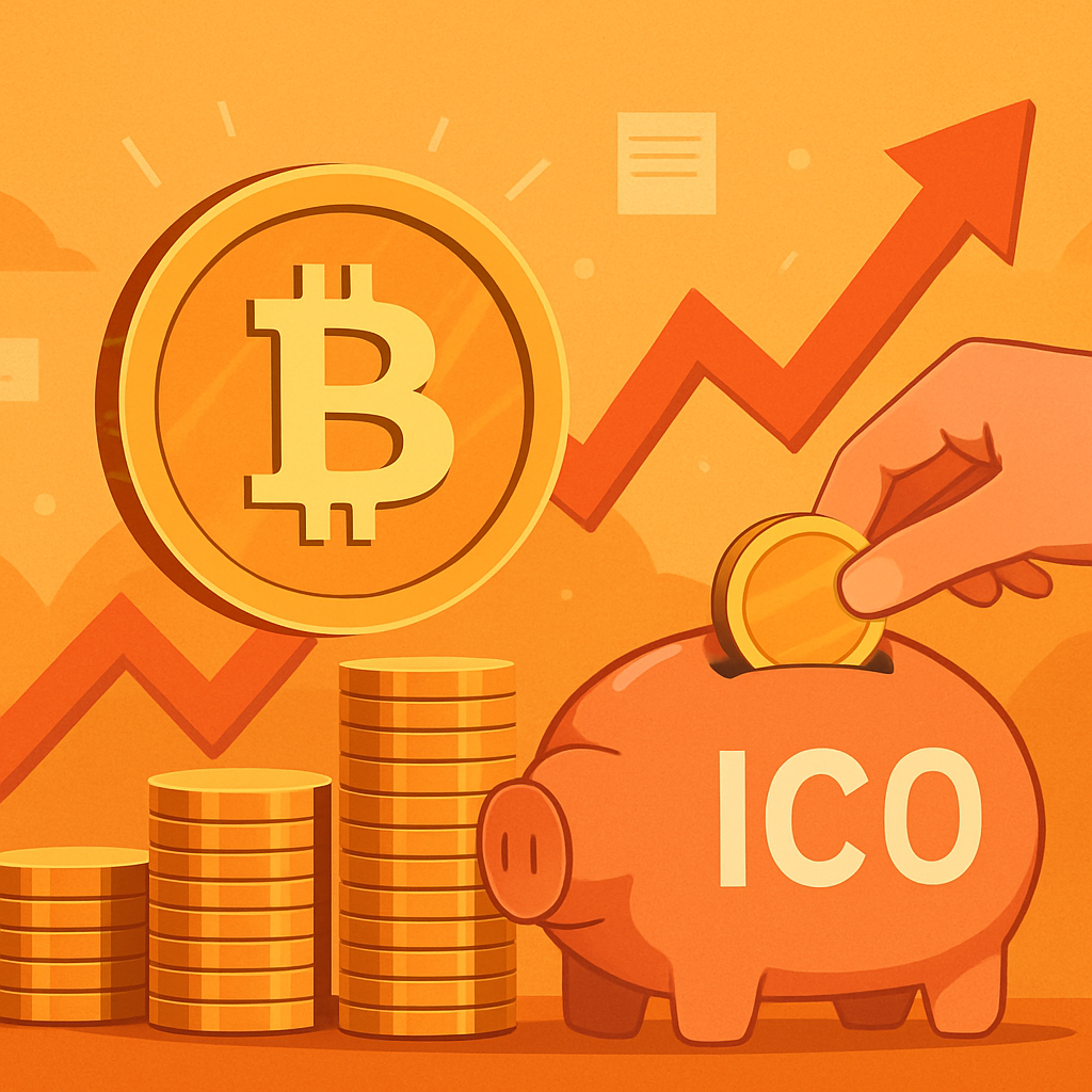 Illustration of a hand placing a coin into an ICO piggy bank with a large Bitcoin symbol, rising arrow, and stacks of coins in the background.
