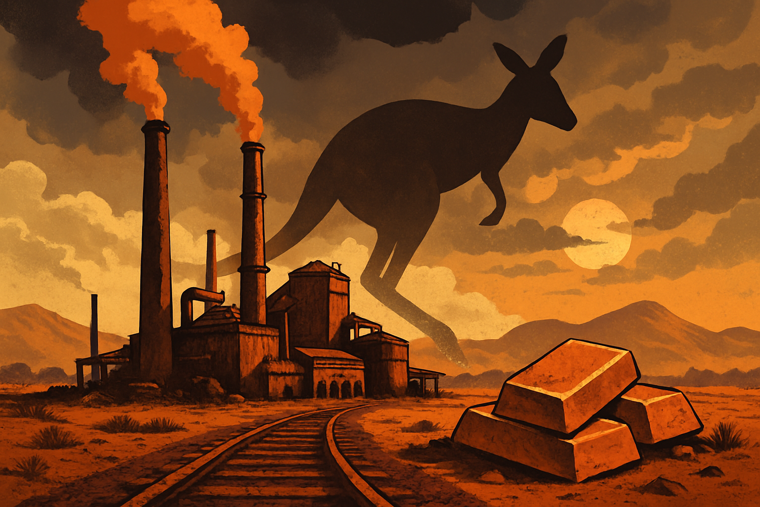 Digital illustration of an aging copper smelter in the Australian outback with smokestacks releasing orange fumes, a kangaroo-shaped shadow looming in the sky, rail tracks leading to the facility, and copper ingots in the foreground under a hazy sun.