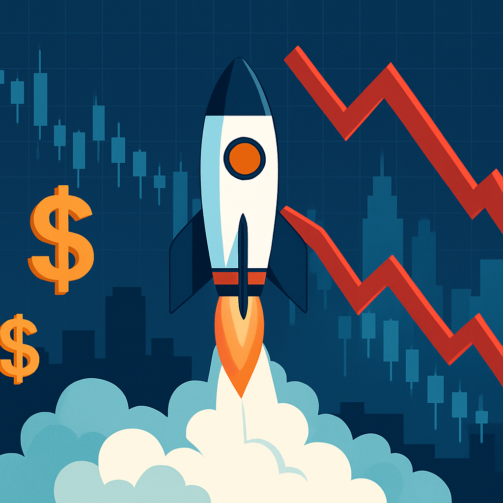 Modern vector illustration of a rocket launch with fluctuating financial chart lines in the background, representing the ups and downs of the space industry market.
