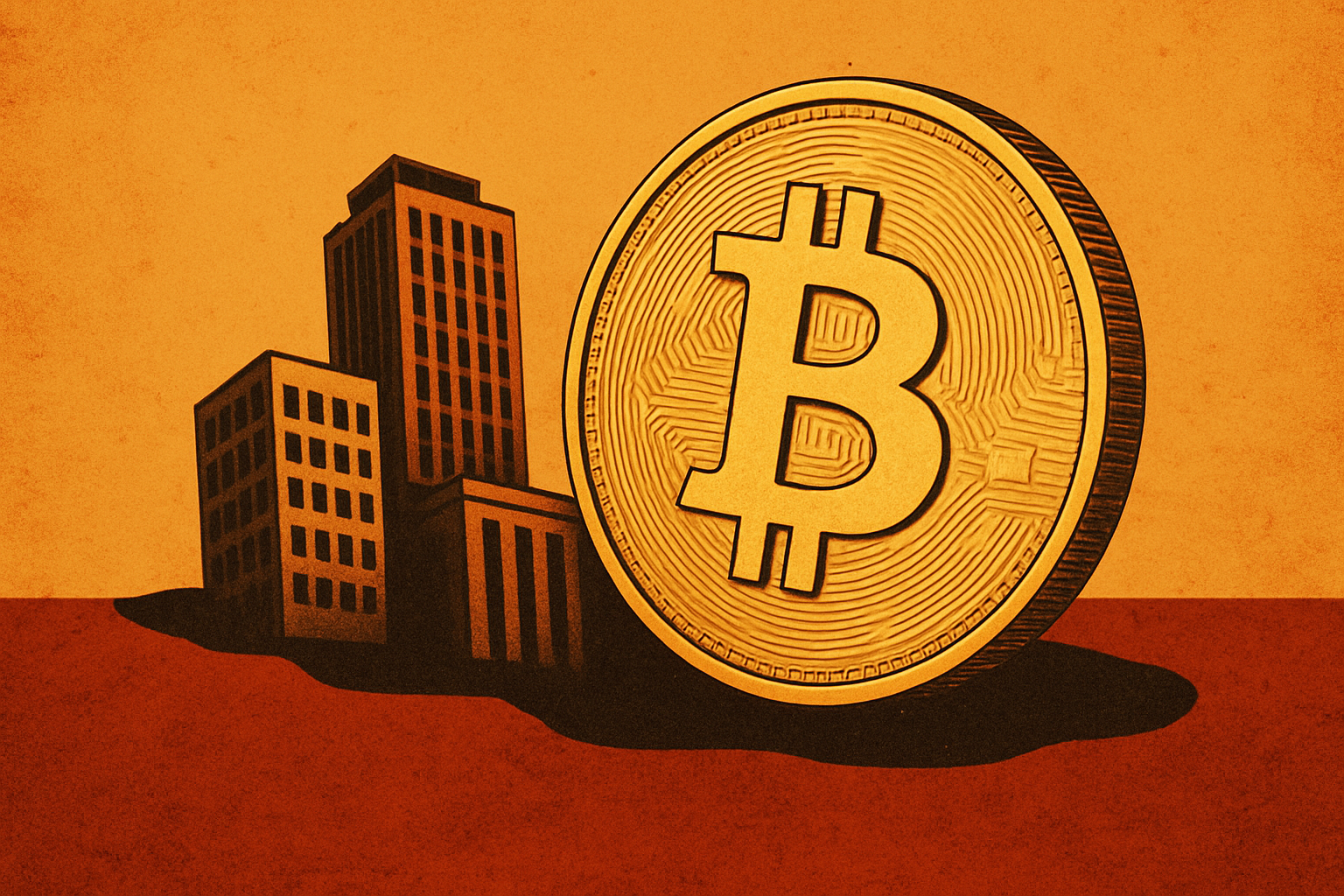 Large golden bitcoin coin in front of dark high-rise office buildings sinking into a red surface.