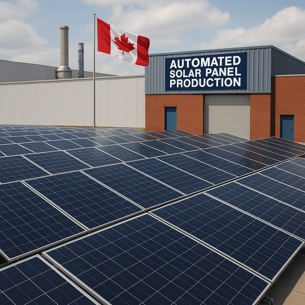 A photorealistic image of a solar-panel manufacturing facility with rows of blue solar panels in the foreground and the Canadian flag flying above the industrial building.