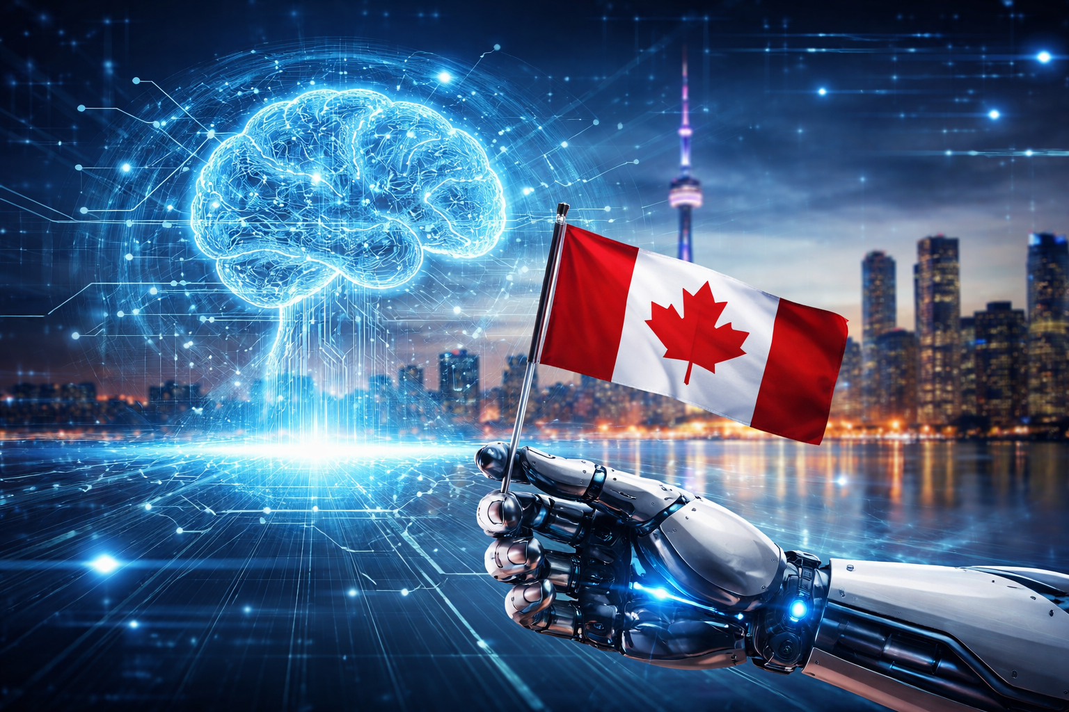 Photorealistic image of a glowing digital brain and interconnected data streams rising above a modern Canadian city skyline at dusk, symbolizing national investment in artificial intelligence.