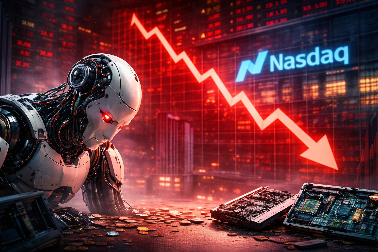 Photorealistic scene showing a humanoid robot slumped amid damaged computer hardware and scattered coins, with a sharply declining market chart glowing in the background, symbolizing losses in AI-linked technology stocks.
