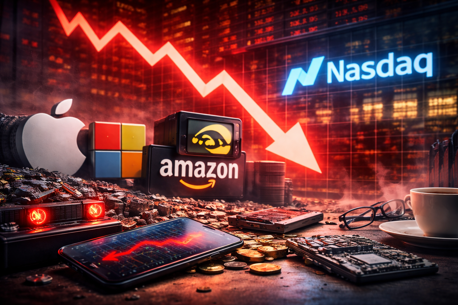 Photorealistic image showing broken consumer electronics and computer components on a desk, with scattered coins and a sharply falling market graphic in the background, symbolizing a retreat in U.S. technology stocks.