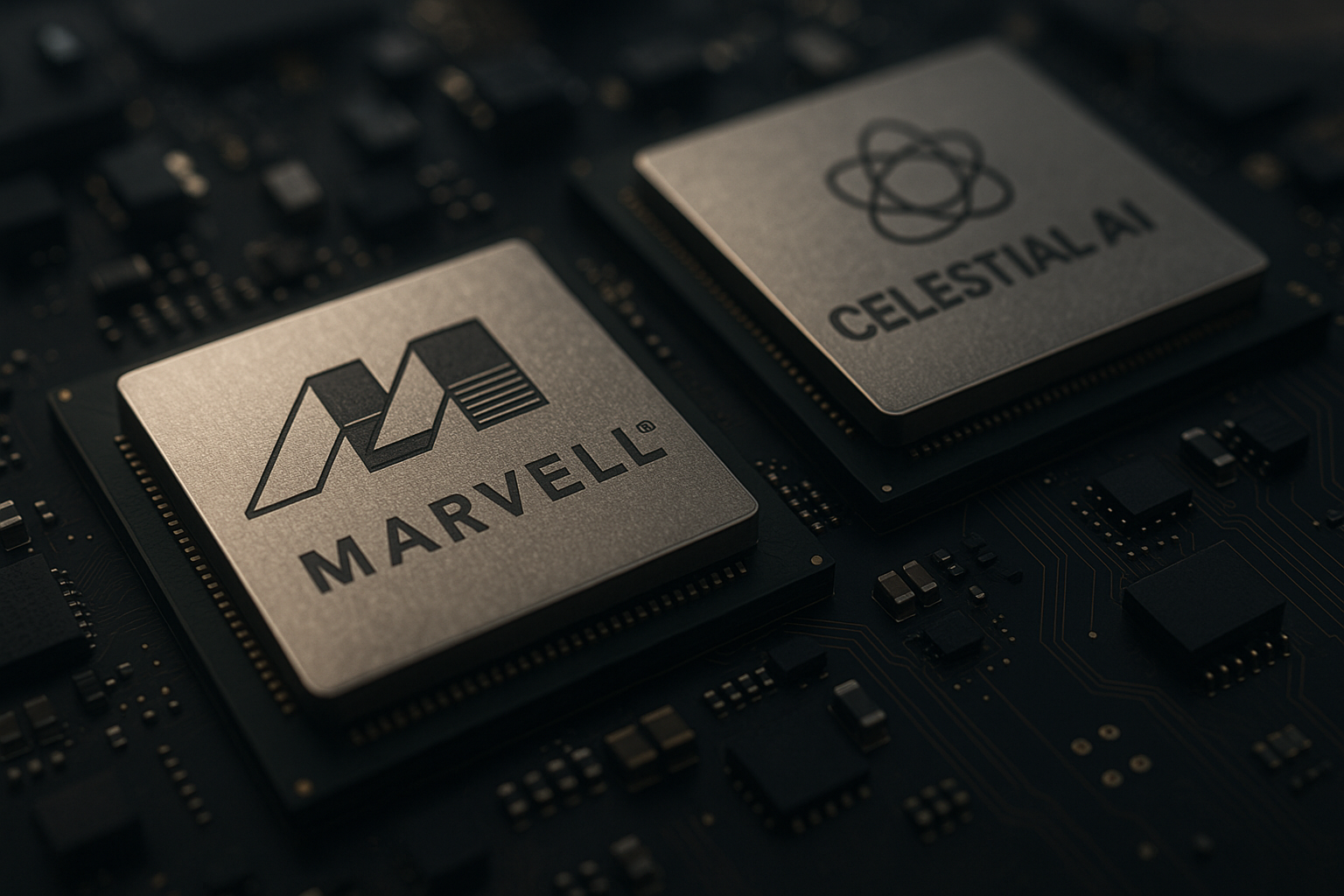 Close-up photorealistic image of two semiconductor chips labeled Marvell and Celestial AI mounted on a dark circuit board, representing advancements in AI hardware and photonic interconnect technology.