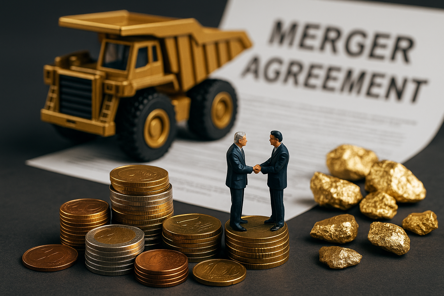 Photorealistic scene featuring two miniature business figures shaking hands atop stacked metal coins, with a mining dump truck and gold nuggets in the background, symbolizing mining-sector mergers and acquisitions.