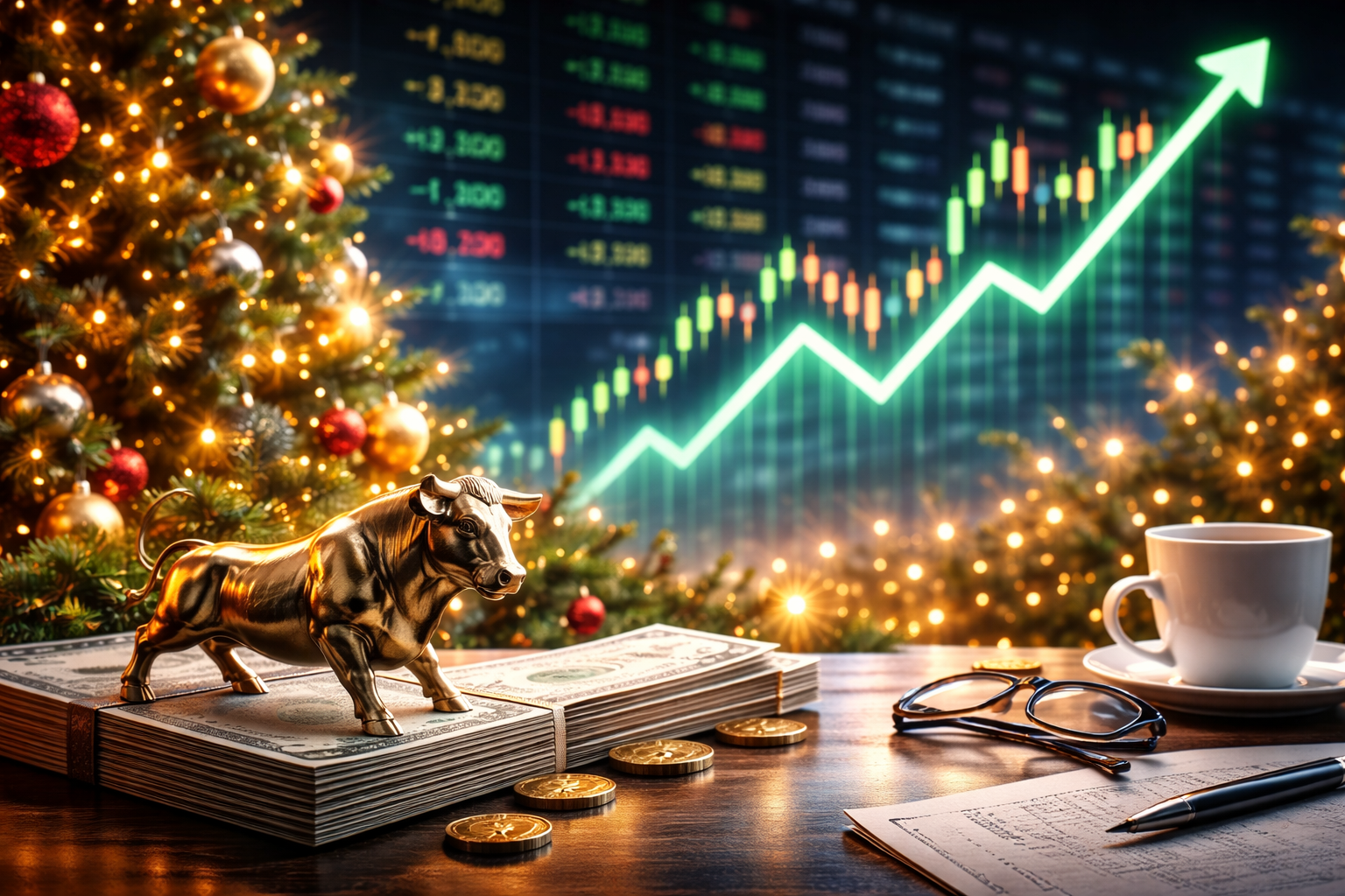 Photorealistic image of a bronze bull figurine on stacks of U.S. dollar bills beside a coffee cup and reading glasses, with a festive holiday tree and rising stock market chart in the background.