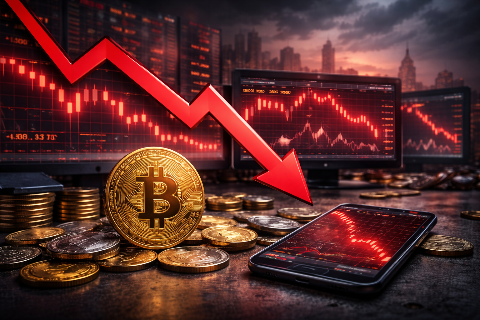 Photorealistic image of a gold Bitcoin coin surrounded by scattered cryptocurrencies, with multiple trading screens showing falling price charts and a downward market trend, set against a dark urban skyline.