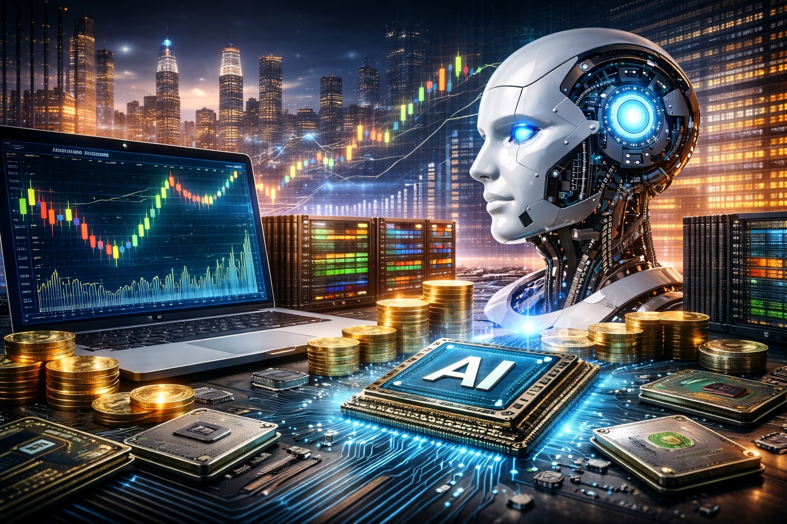 Photorealistic scene of advanced AI hardware and data center servers alongside a humanoid robot, with glowing circuit boards, stacked coins, and rising financial charts set against a modern city skyline.