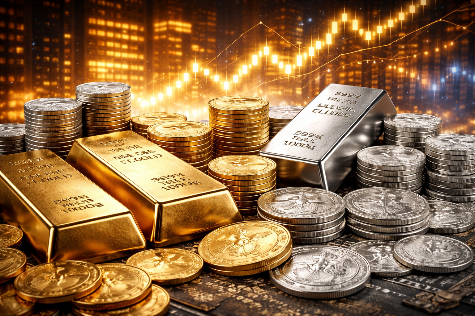 Photorealistic image of stacked gold bars and gold coins alongside silver bars and silver coins, illuminated by warm lighting with a blurred city skyline and rising market visuals in the background.