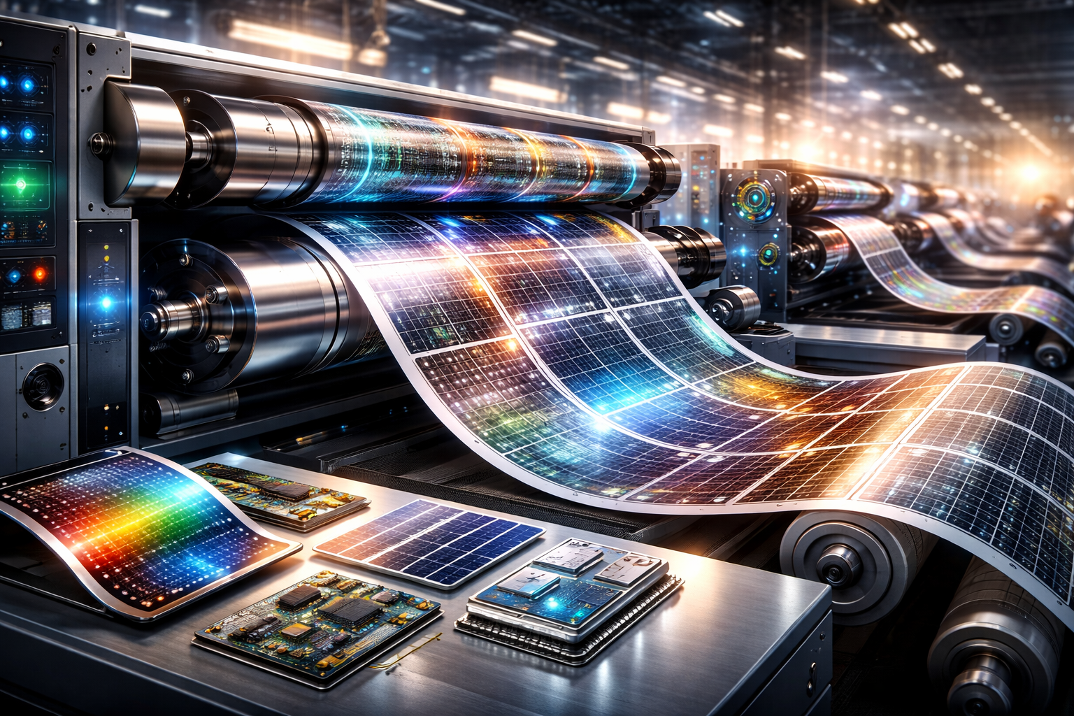 Photorealistic image of a modern roll-to-roll printing machine producing flexible electronic sheets, with illuminated circuits on continuous material rolls inside an advanced industrial facility.