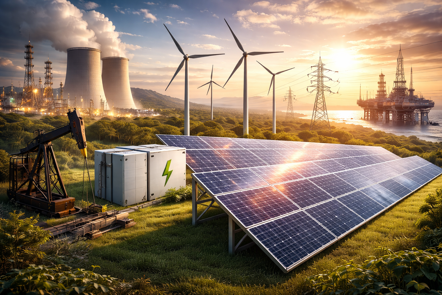 Photorealistic scene showing solar panels and wind turbines in the foreground alongside battery storage, power lines, a nuclear facility, oil infrastructure, and an offshore platform within a single integrated energy landscape.