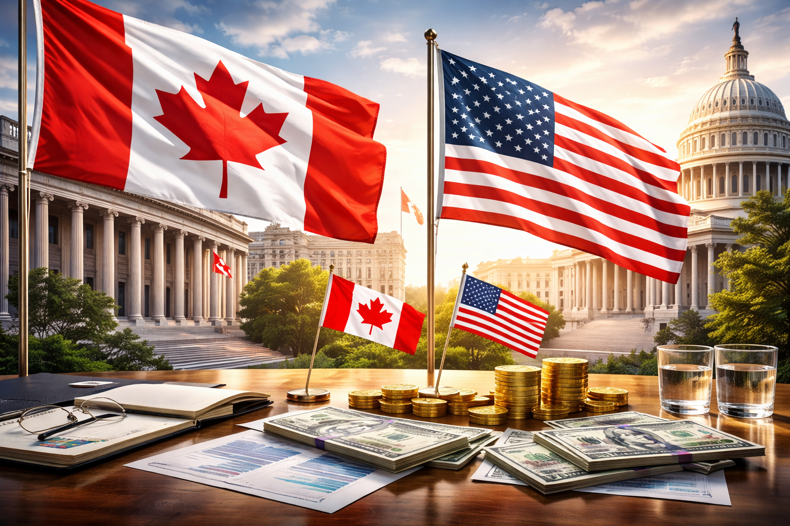 Photorealistic image showing the Canadian and U.S. flags in the foreground with a modern Washington, D.C. skyline and financial district architecture, conveying diplomacy and cross-border economic ties.