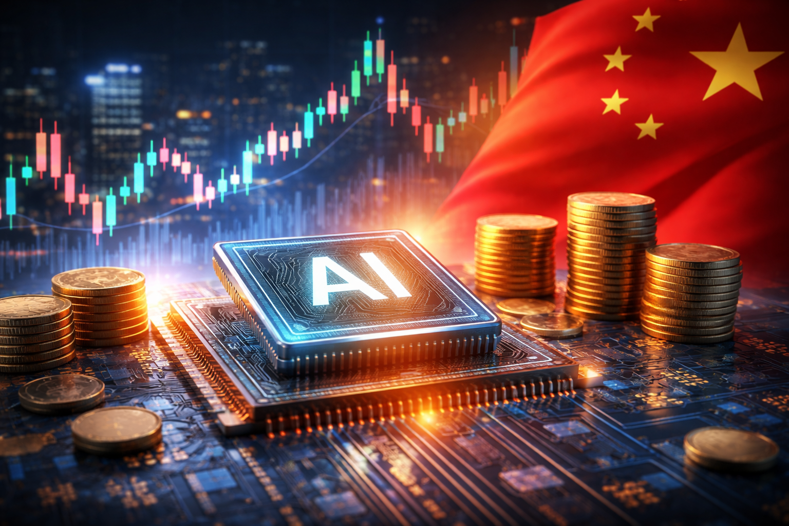 Photorealistic image of an AI semiconductor chip surrounded by stacks of coins, with market charts in the background and a Chinese flag softly out of focus.